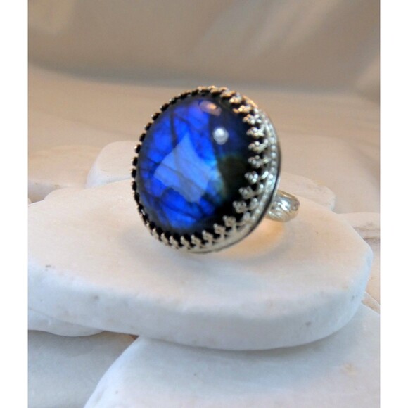 Large Spectrolite Labradorite Sterling Silver Ring Size 7.5 Handmade OOAK - Picture 2 of 10